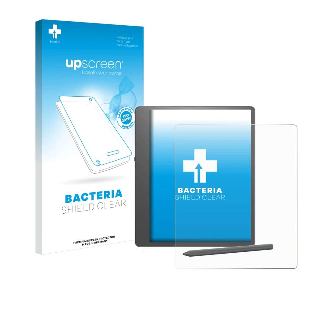 Parte frontale di una confezione del prodotto con il logo del marchio upscreen. Accanto è raffigurato il dispositivo Amazon Ki