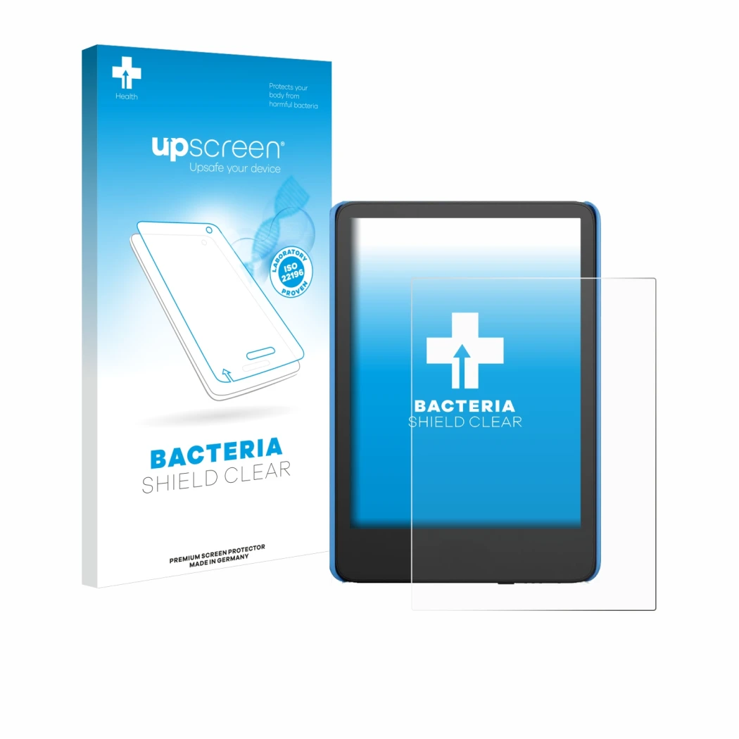 Parte frontale di una confezione del prodotto con il logo del marchio upscreen. Accanto è raffigurato il dispositivo Amazon Ki