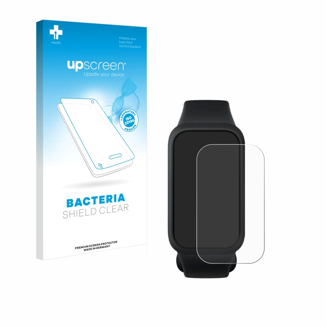 Parte frontale di una confezione del prodotto con il logo del marchio upscreen. Accanto è raffigurato il dispositivo Xiaomi Sm