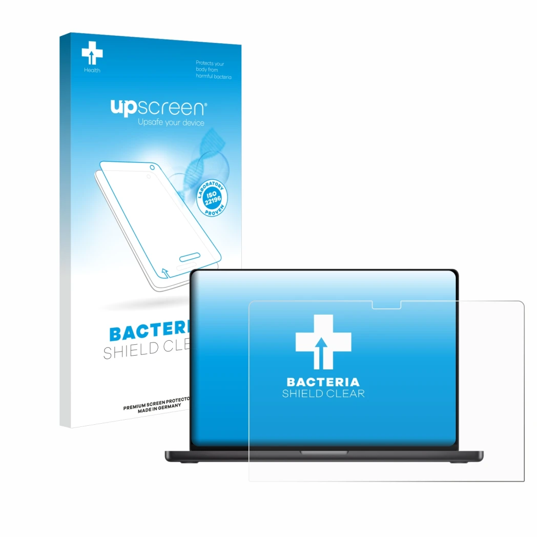 Parte frontale di una confezione del prodotto con il logo del marchio upscreen. Accanto è raffigurato il dispositivo Apple Mac