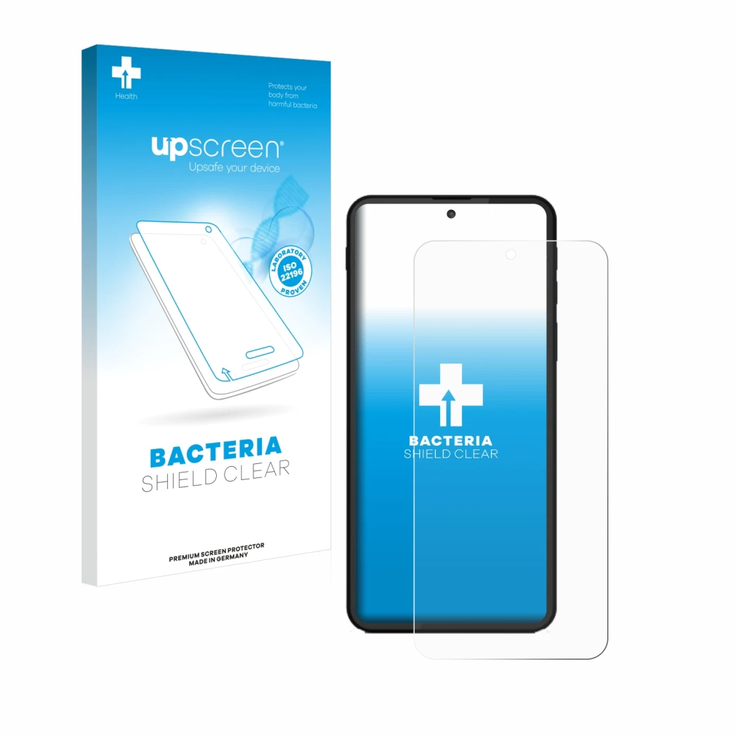 Parte frontale di una confezione del prodotto con il logo del marchio upscreen. Accanto è raffigurato il dispositivo Shiftphon