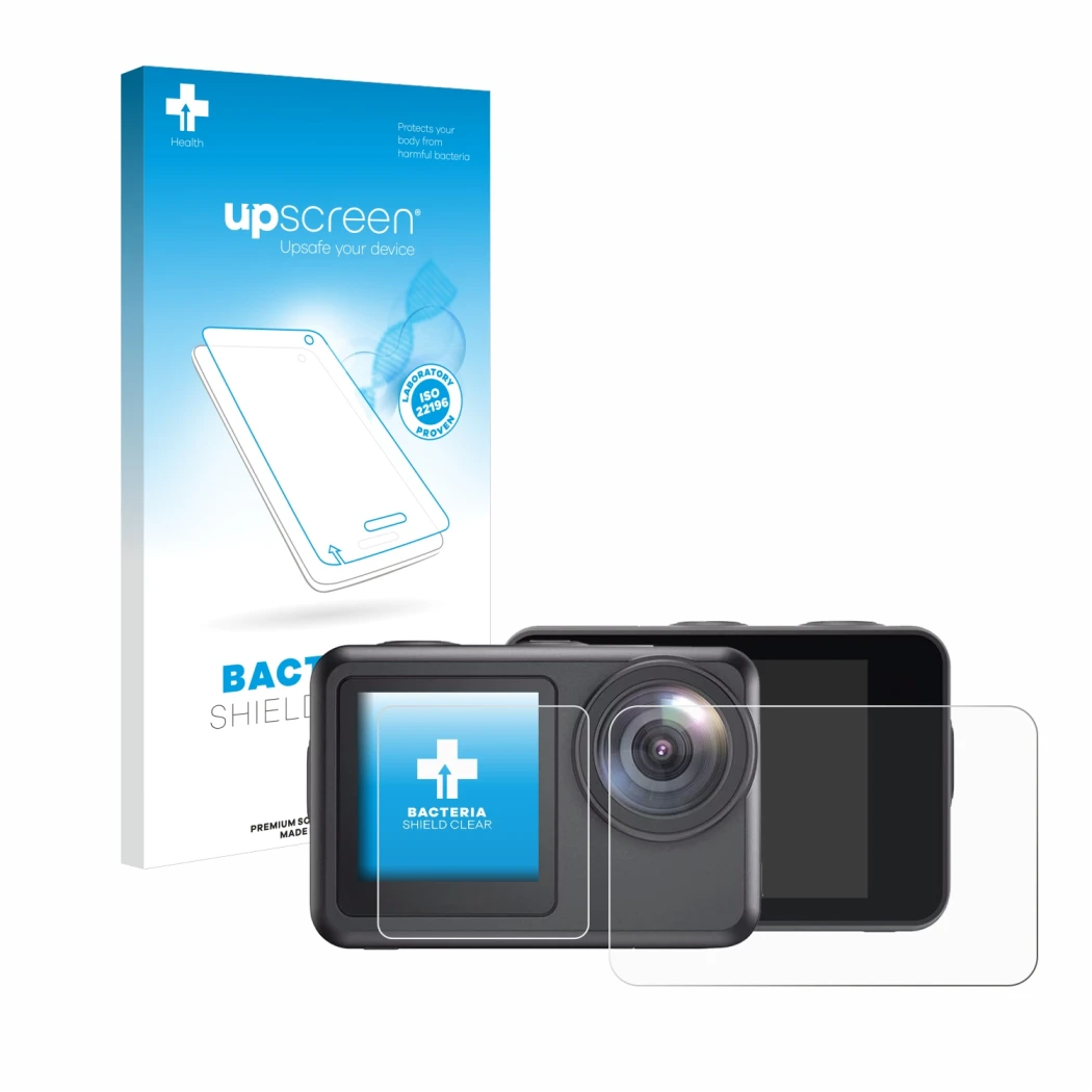 Parte frontale di una confezione del prodotto con il logo del marchio upscreen. Accanto è raffigurato il dispositivo Akaso Bra