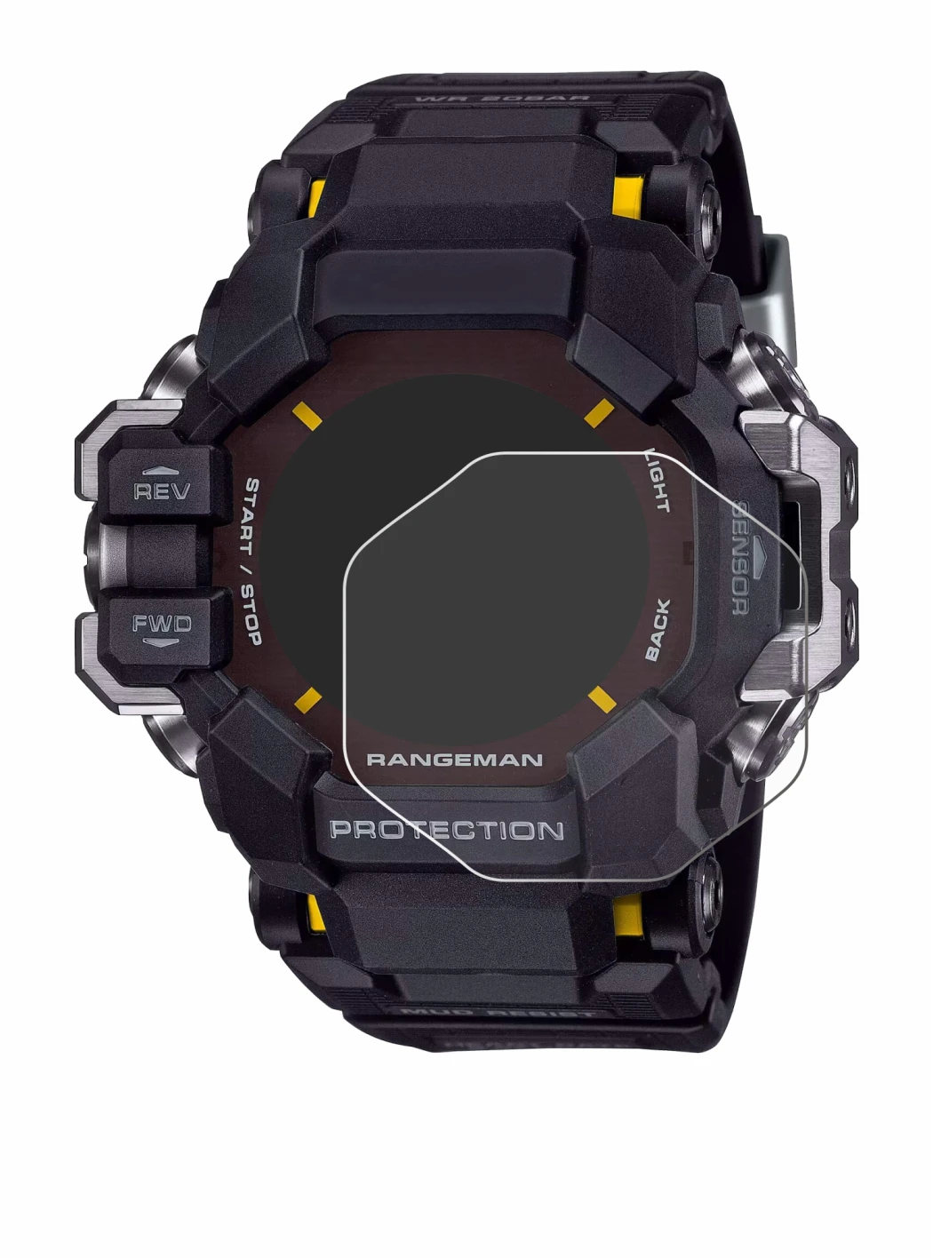 Immagine del dispositivo Casio G-Shock GPR-H 1000 con un'ampia varietà di protezioni per lo schermo.
