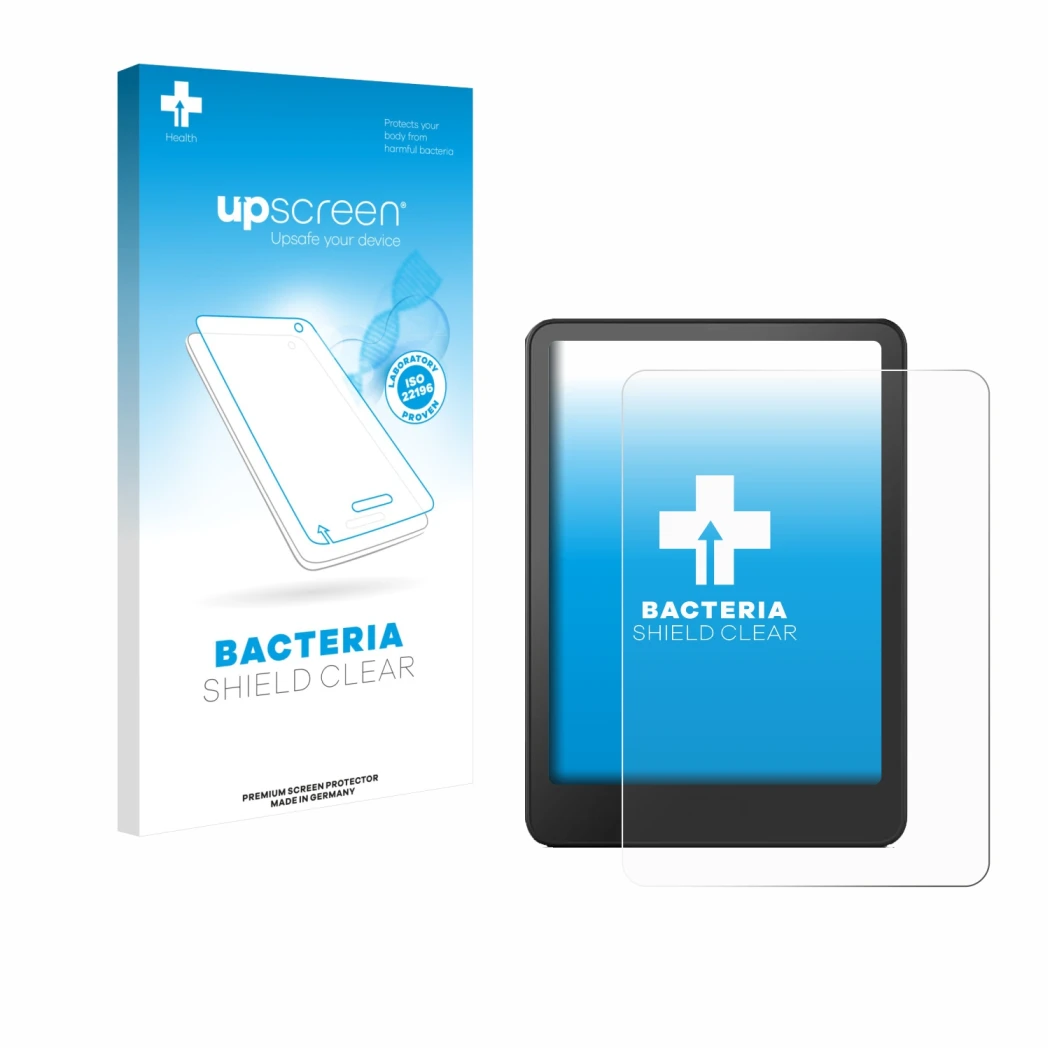 Parte frontale di una confezione del prodotto con il logo del marchio upscreen. Accanto è raffigurato il dispositivo Amazon Ki