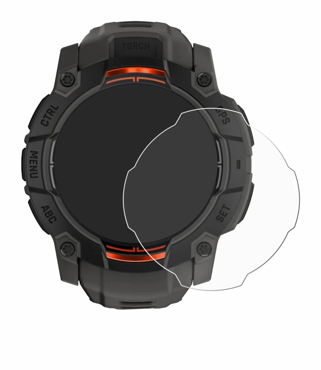 Immagine del dispositivo Garmin Instinct 3 Solar (50 mm) con un'ampia varietà di protezioni per lo schermo.