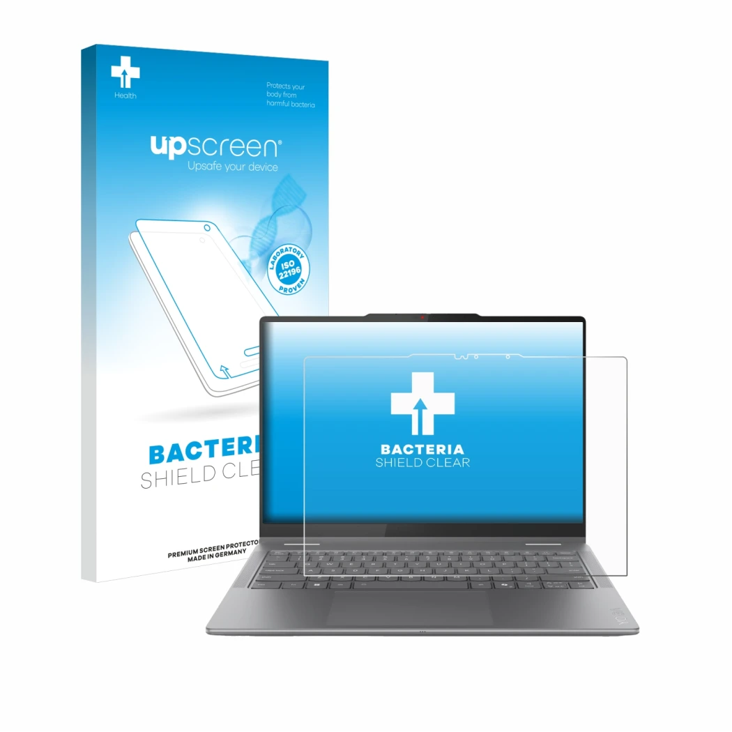 Parte frontale di una confezione del prodotto con il logo del marchio upscreen. Accanto è raffigurato il dispositivo Lenovo Yo