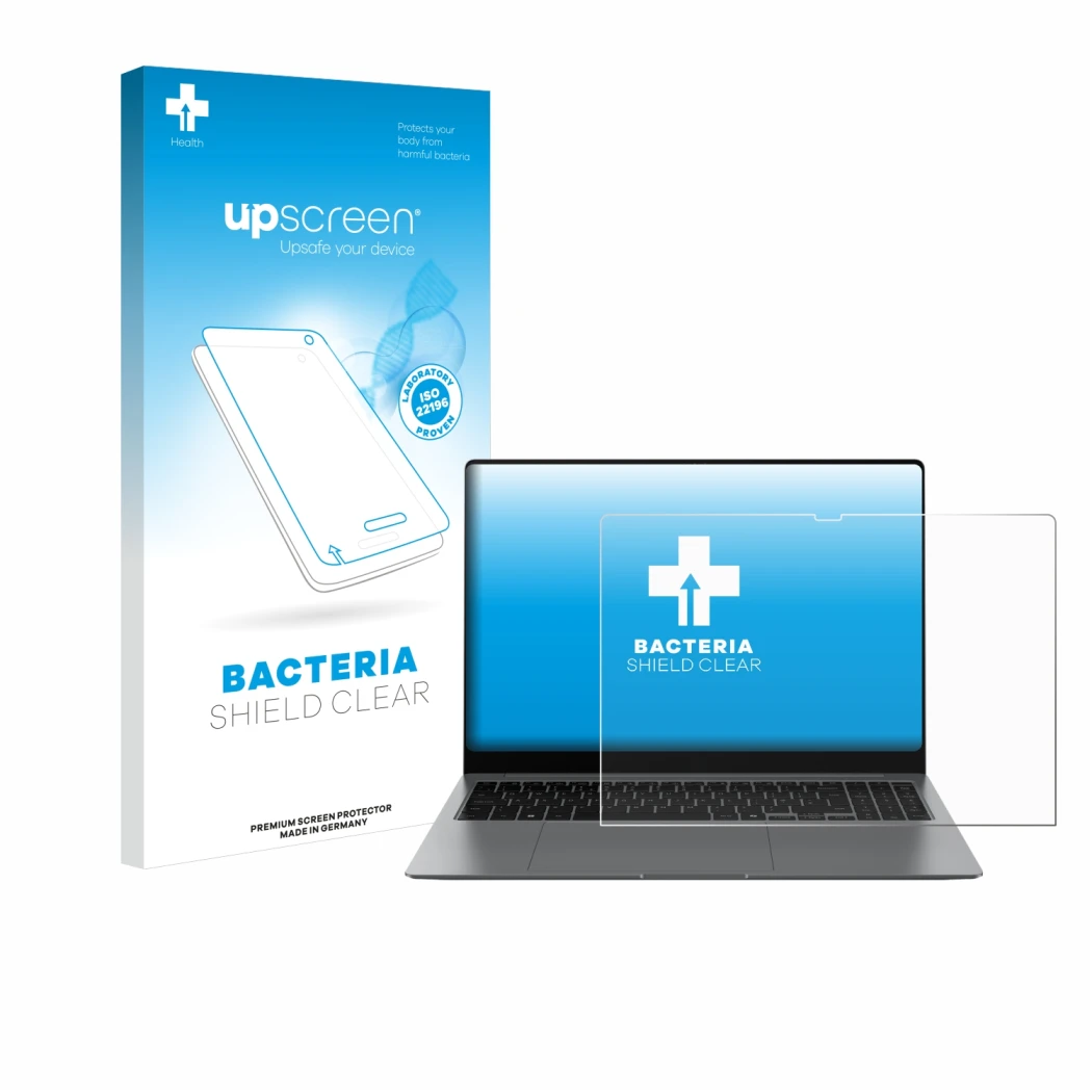 Parte frontale di una confezione del prodotto con il logo del marchio upscreen. Accanto è raffigurato il dispositivo Samsung G