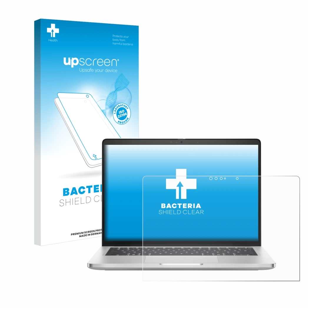 Parte frontale di una confezione del prodotto con il logo del marchio upscreen. Accanto è raffigurato il dispositivo Dell Pro