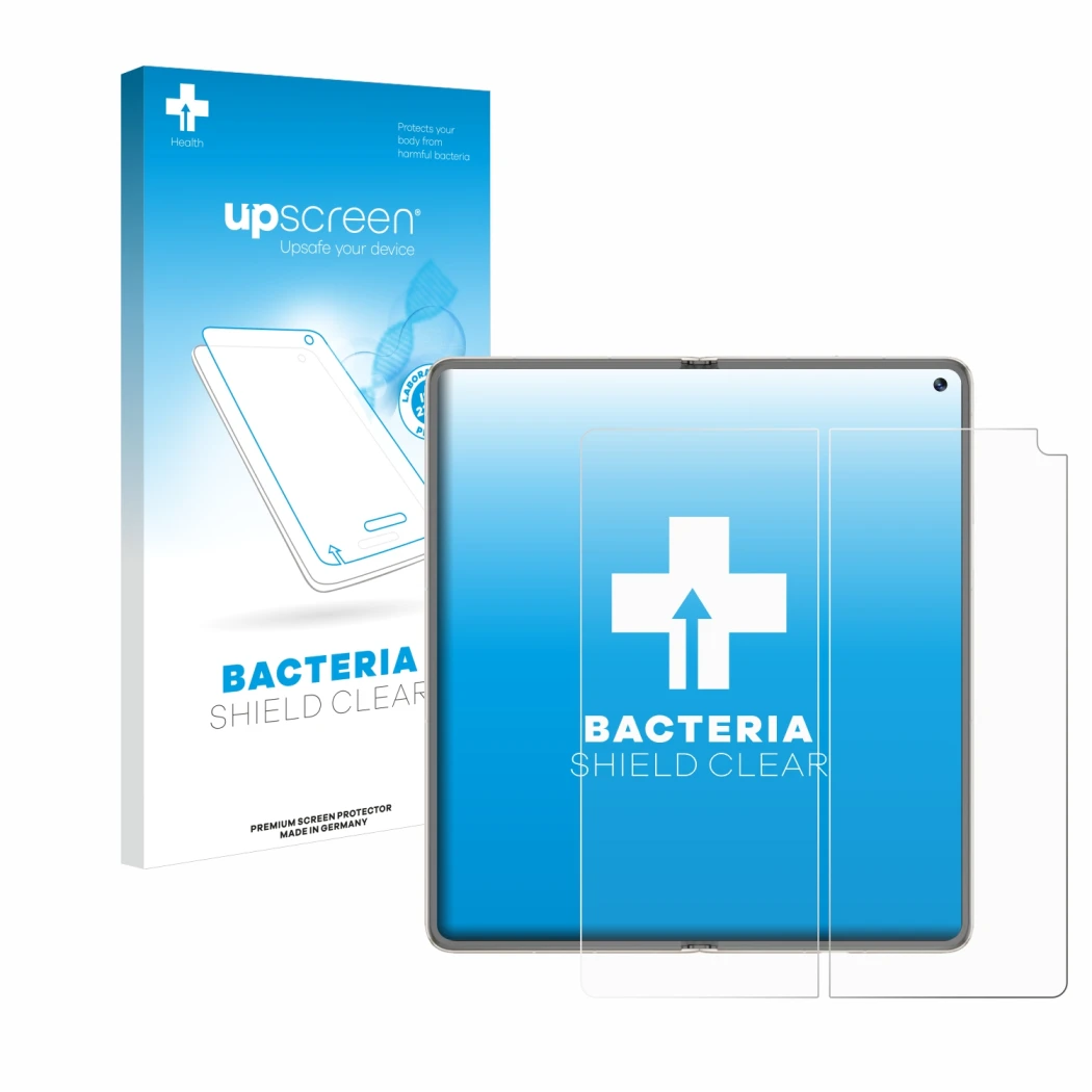 Parte frontale di una confezione del prodotto con il logo del marchio upscreen. Accanto è raffigurato il dispositivo Huawei Ma