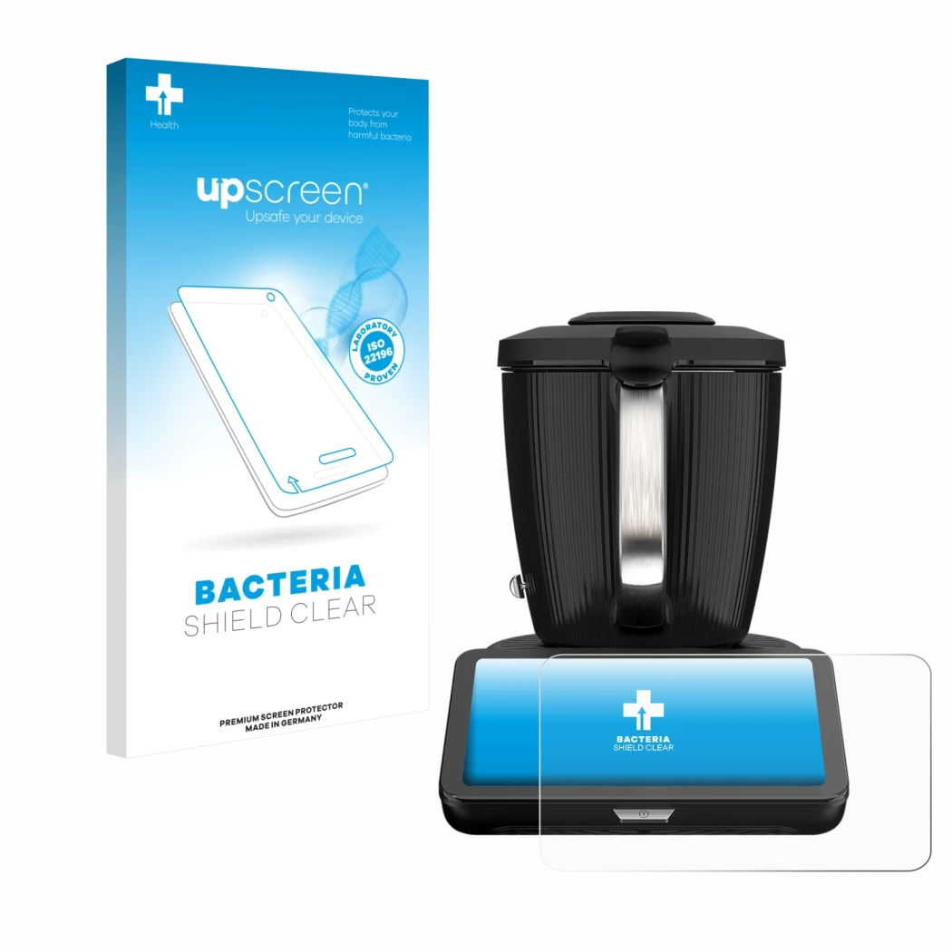 Parte frontale di una confezione del prodotto con il logo del marchio upscreen. Accanto è raffigurato il dispositivo Vorwerk T