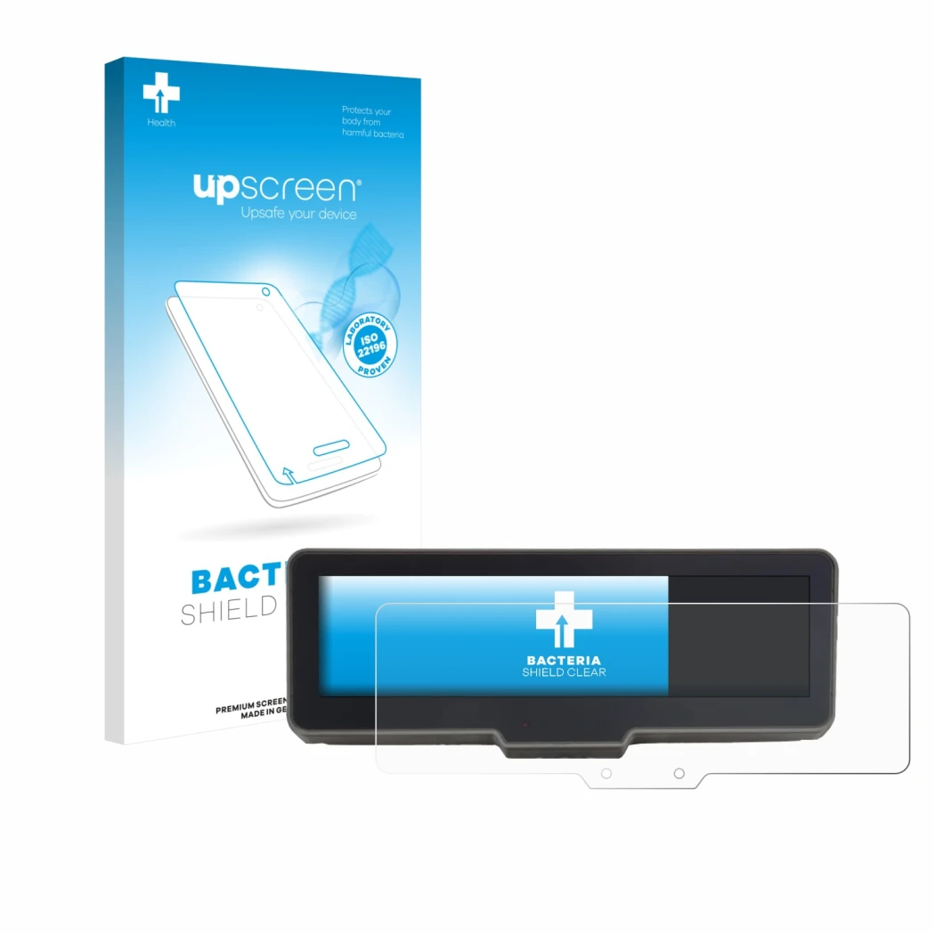 Parte frontale di una confezione del prodotto con il logo del marchio upscreen. Accanto è raffigurato il dispositivo KTM 990 D