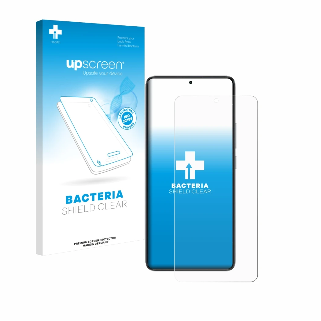 Parte frontale di una confezione del prodotto con il logo del marchio upscreen. Accanto è raffigurato il dispositivo Xiaomi Po