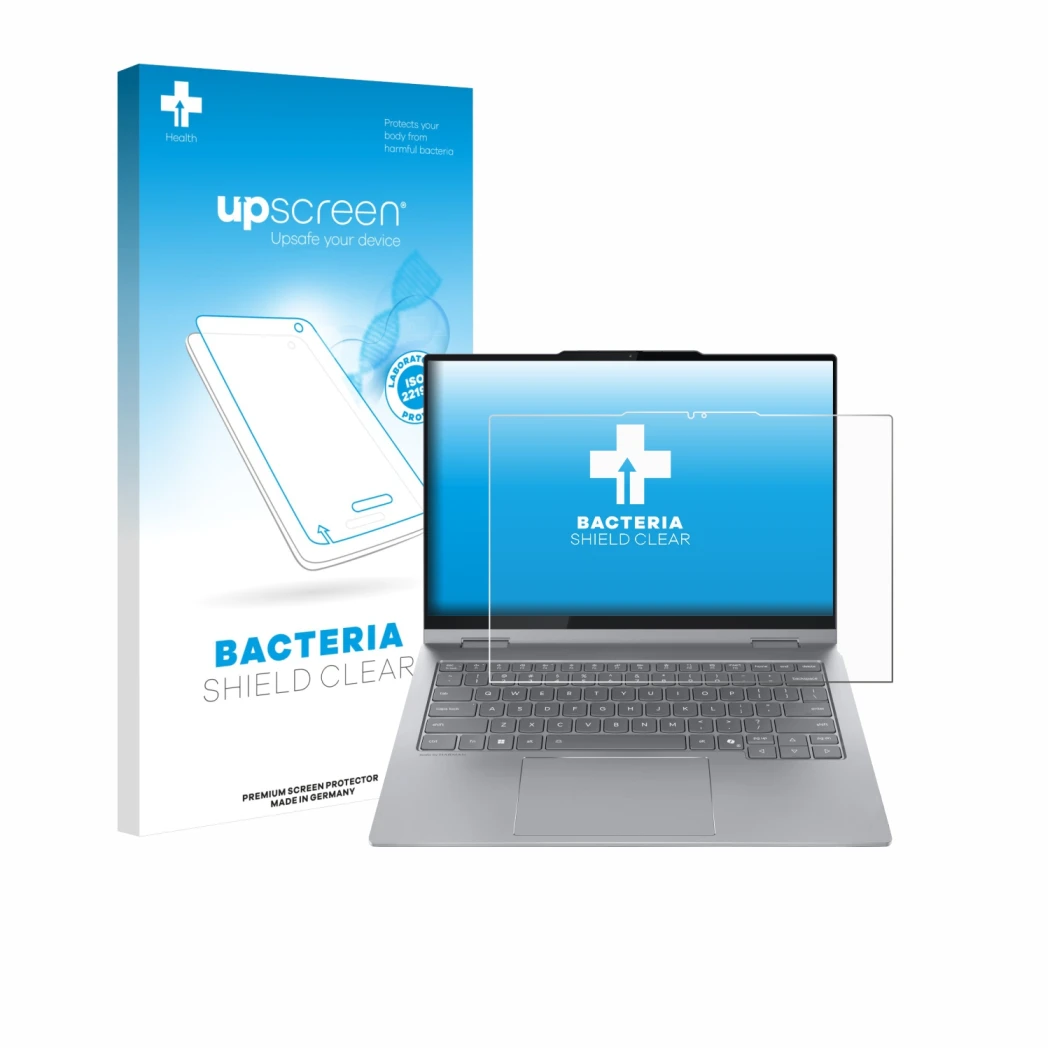 Parte frontale di una confezione del prodotto con il logo del marchio upscreen. Accanto è raffigurato il dispositivo Lenovo Th