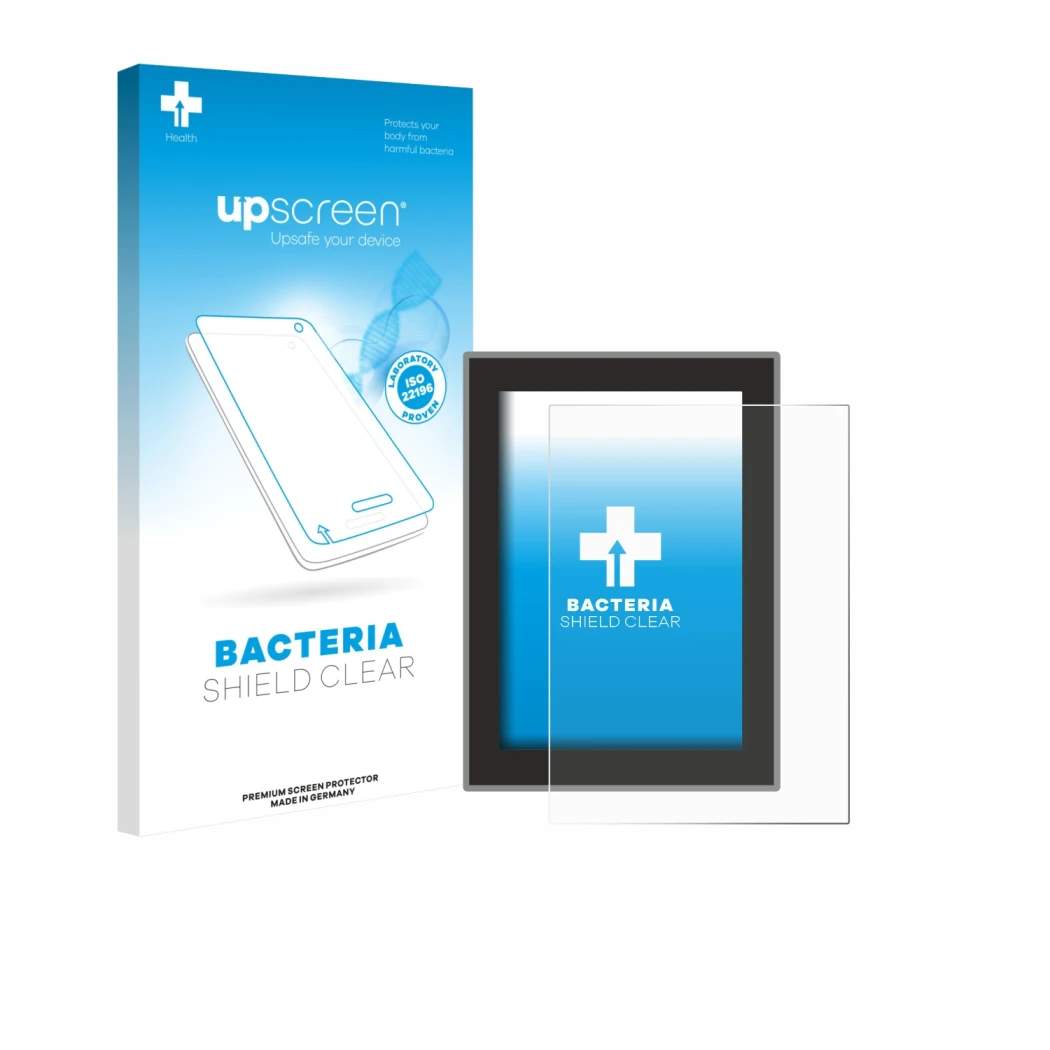 Parte frontale di una confezione del prodotto con il logo del marchio upscreen. Accanto è raffigurato il dispositivo Volvo S90