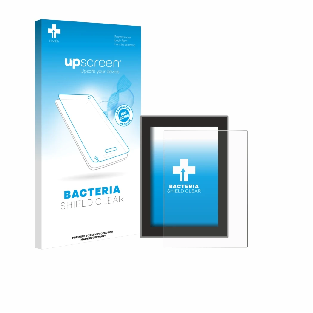 Parte frontale di una confezione del prodotto con il logo del marchio upscreen. Accanto è raffigurato il dispositivo Volvo XC9