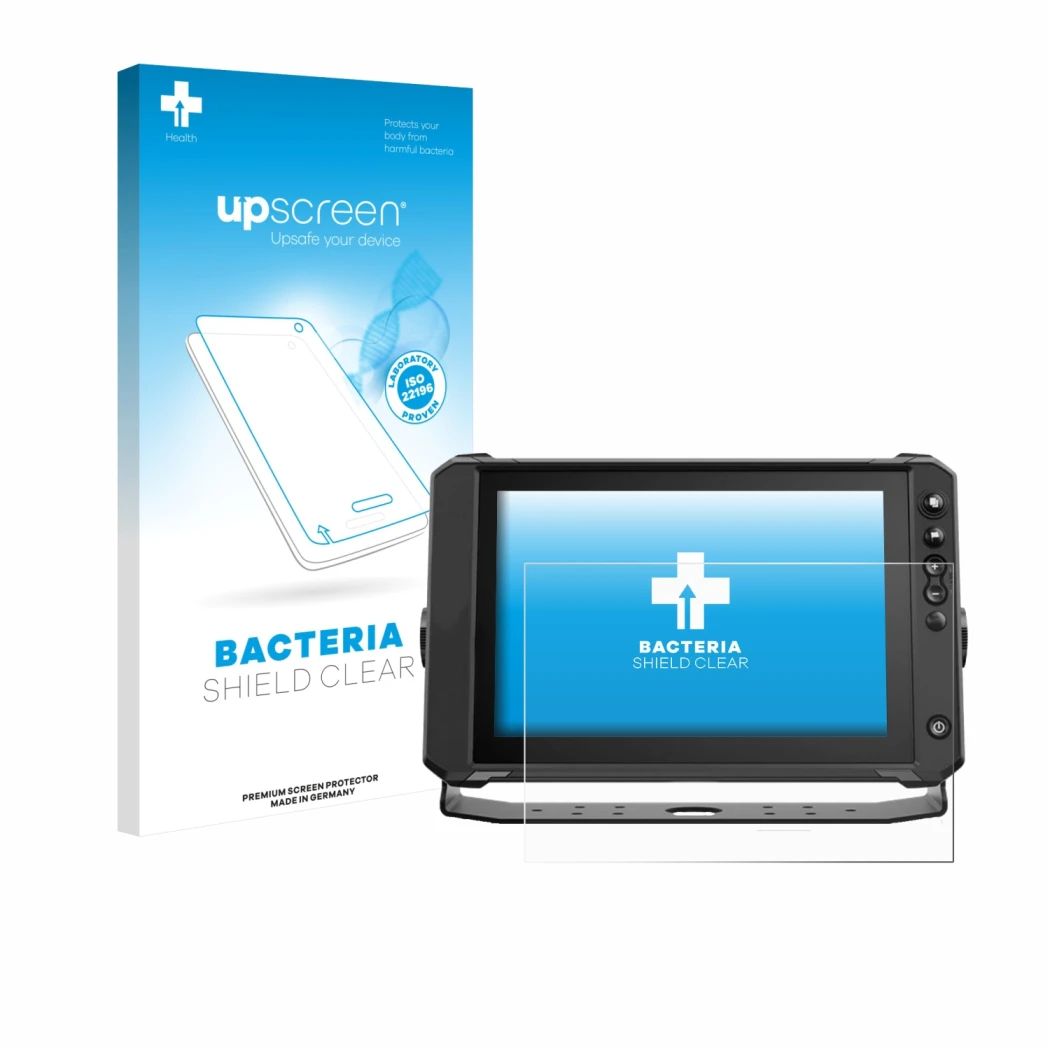 Parte frontale di una confezione del prodotto con il logo del marchio upscreen. Accanto è raffigurato il dispositivo Lowrance 