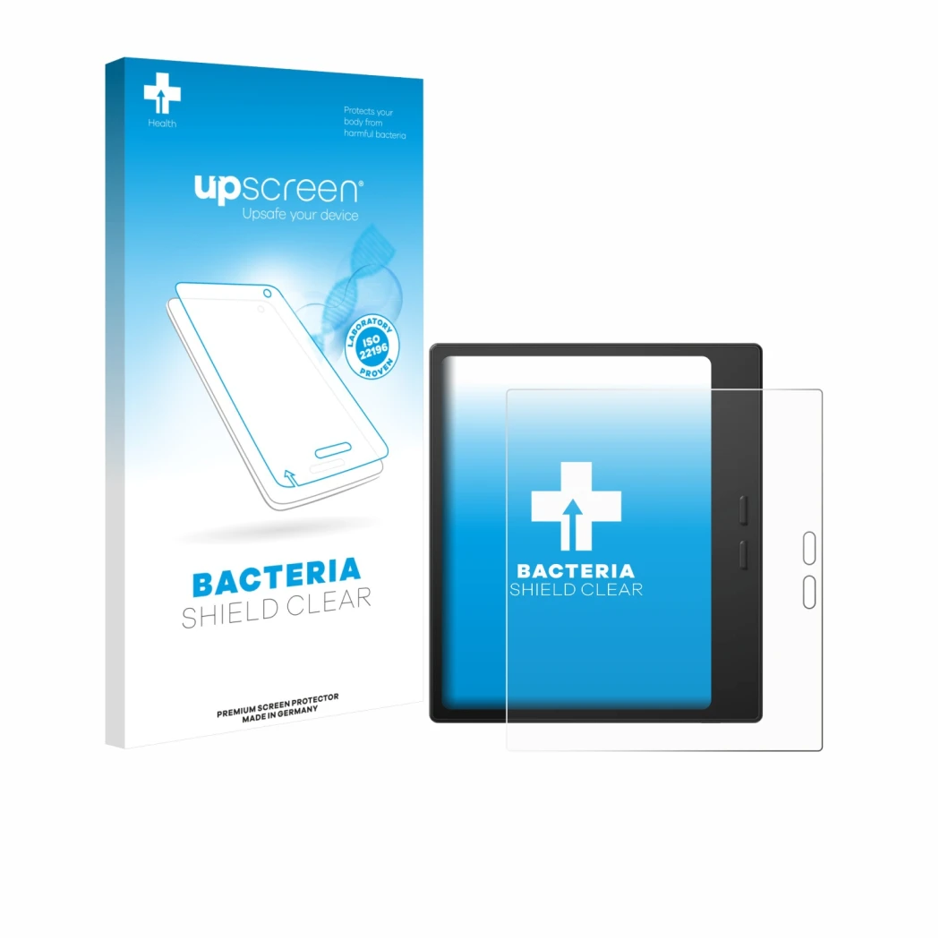 Parte frontale di una confezione del prodotto con il logo del marchio upscreen. Accanto è raffigurato il dispositivo Boox Go 7