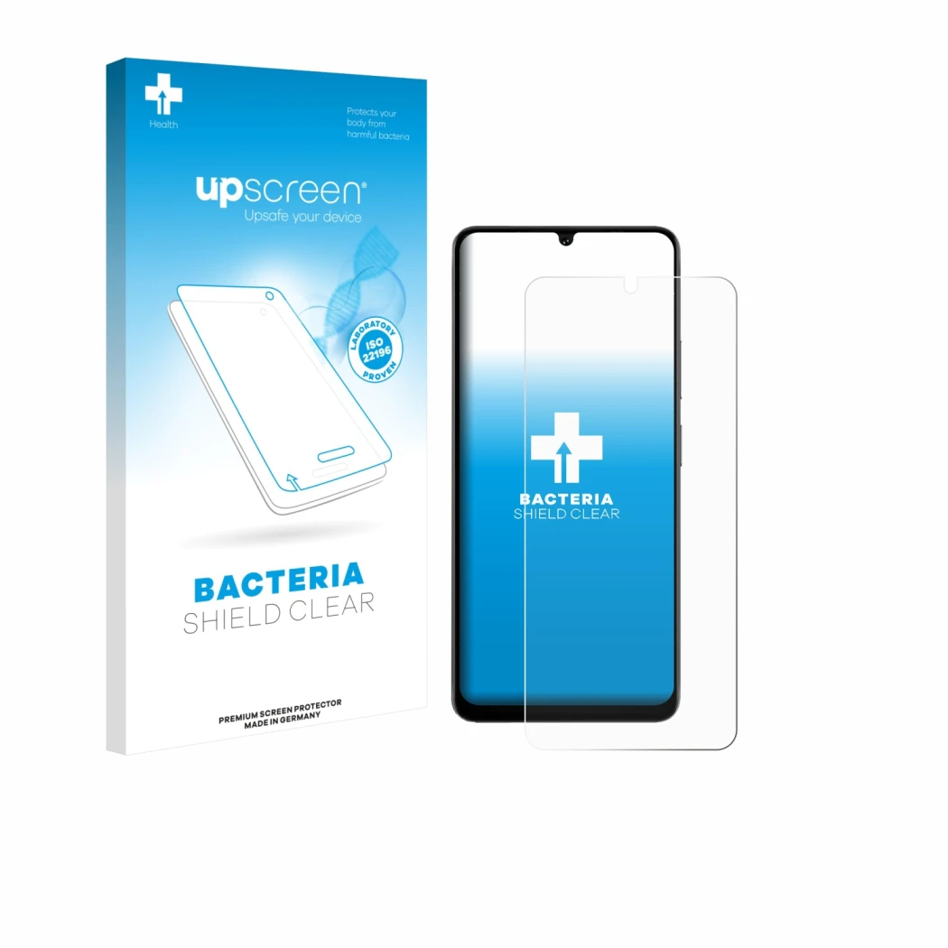 Parte frontale di una confezione del prodotto con il logo del marchio upscreen. Accanto è raffigurato il dispositivo Doogee No