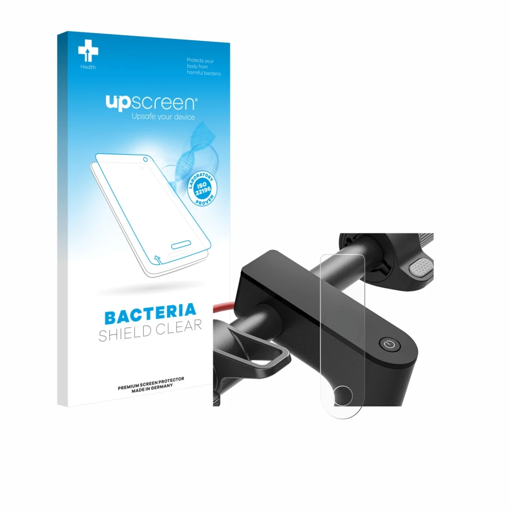 Parte frontale di una confezione del prodotto con il logo del marchio upscreen. Accanto è raffigurato il dispositivo Xiaomi El