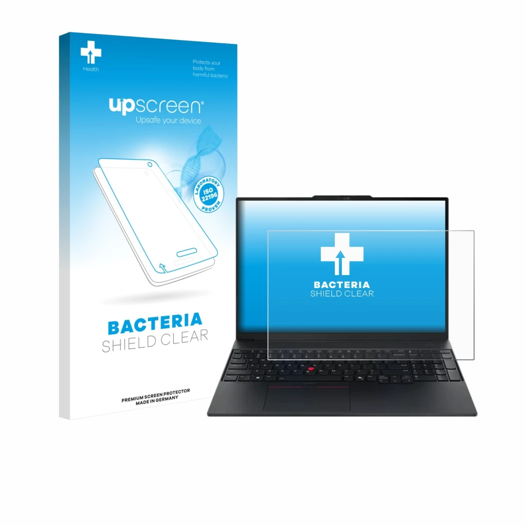 Parte frontale di una confezione del prodotto con il logo del marchio upscreen. Accanto è raffigurato il dispositivo Lenovo Th