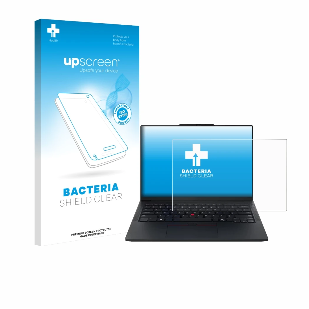 Parte frontale di una confezione del prodotto con il logo del marchio upscreen. Accanto è raffigurato il dispositivo Lenovo Th