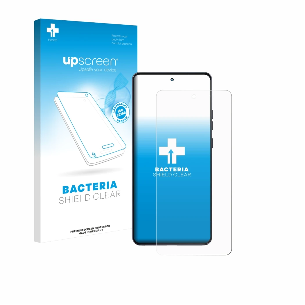 Parte frontale di una confezione del prodotto con il logo del marchio upscreen. Accanto è raffigurato il dispositivo Motorola 