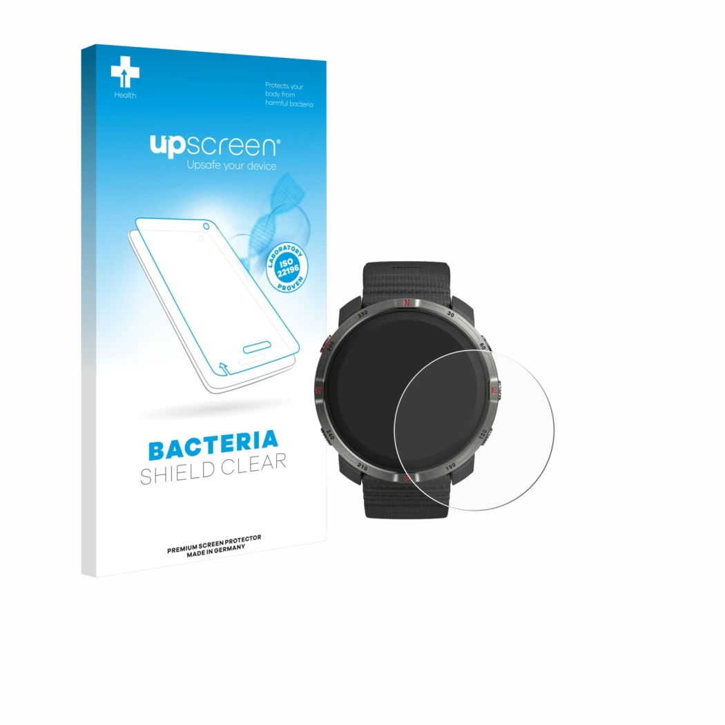 Parte frontale di una confezione del prodotto con il logo del marchio upscreen. Accanto è raffigurato il dispositivo Polar Gri