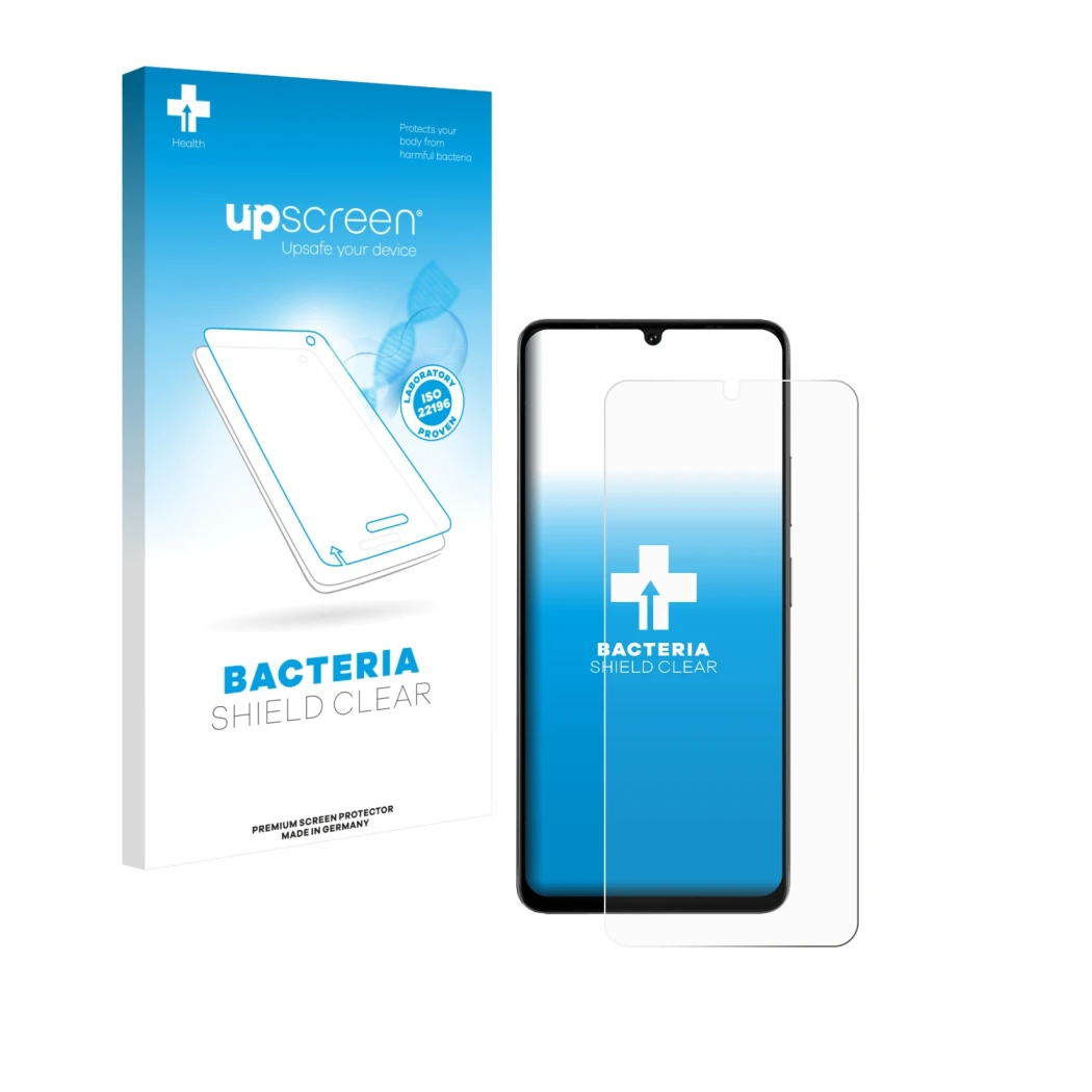 Parte frontale di una confezione del prodotto con il logo del marchio upscreen. Accanto è raffigurato il dispositivo Doogee No
