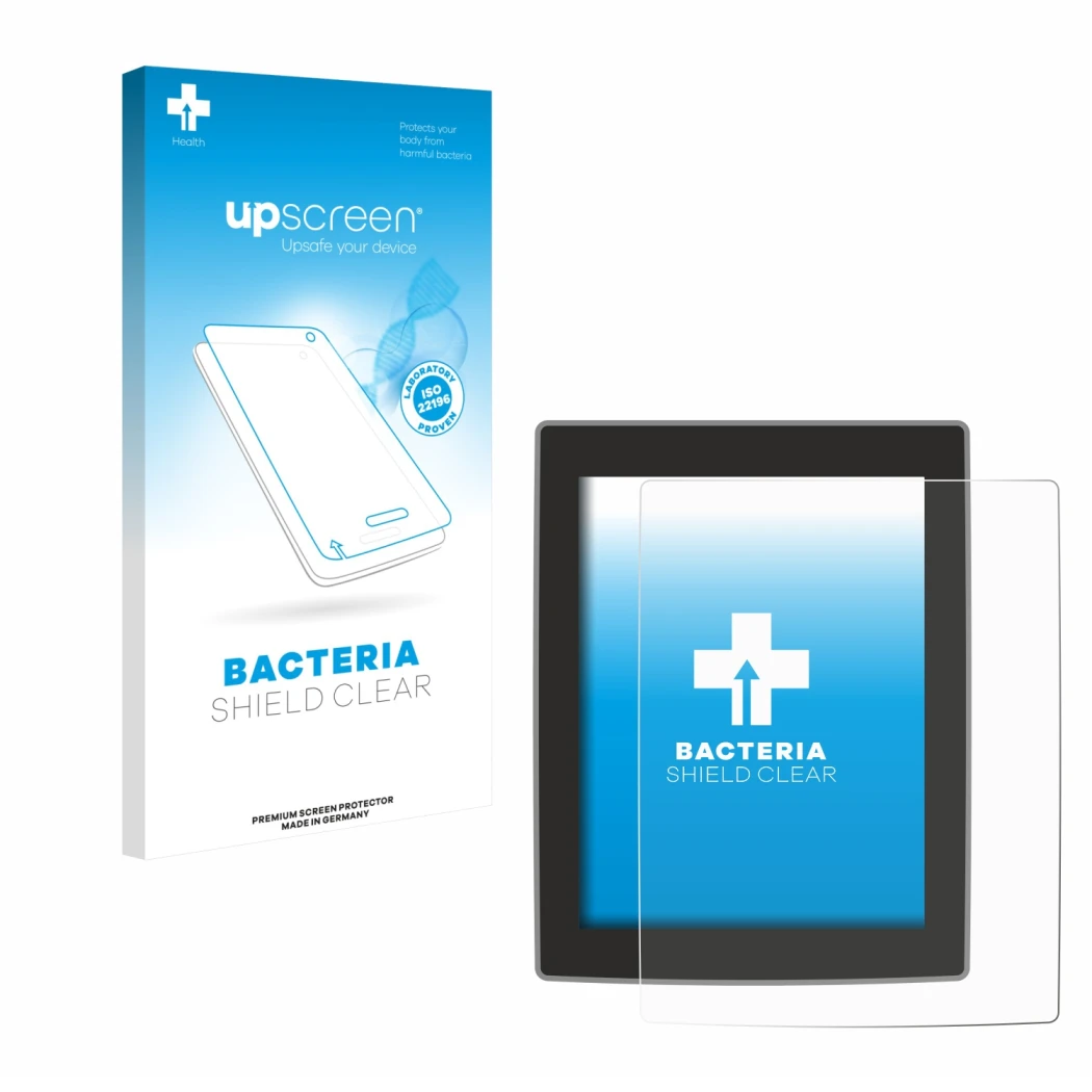 Parte frontale di una confezione del prodotto con il logo del marchio upscreen. Accanto è raffigurato il dispositivo Volvo XC9