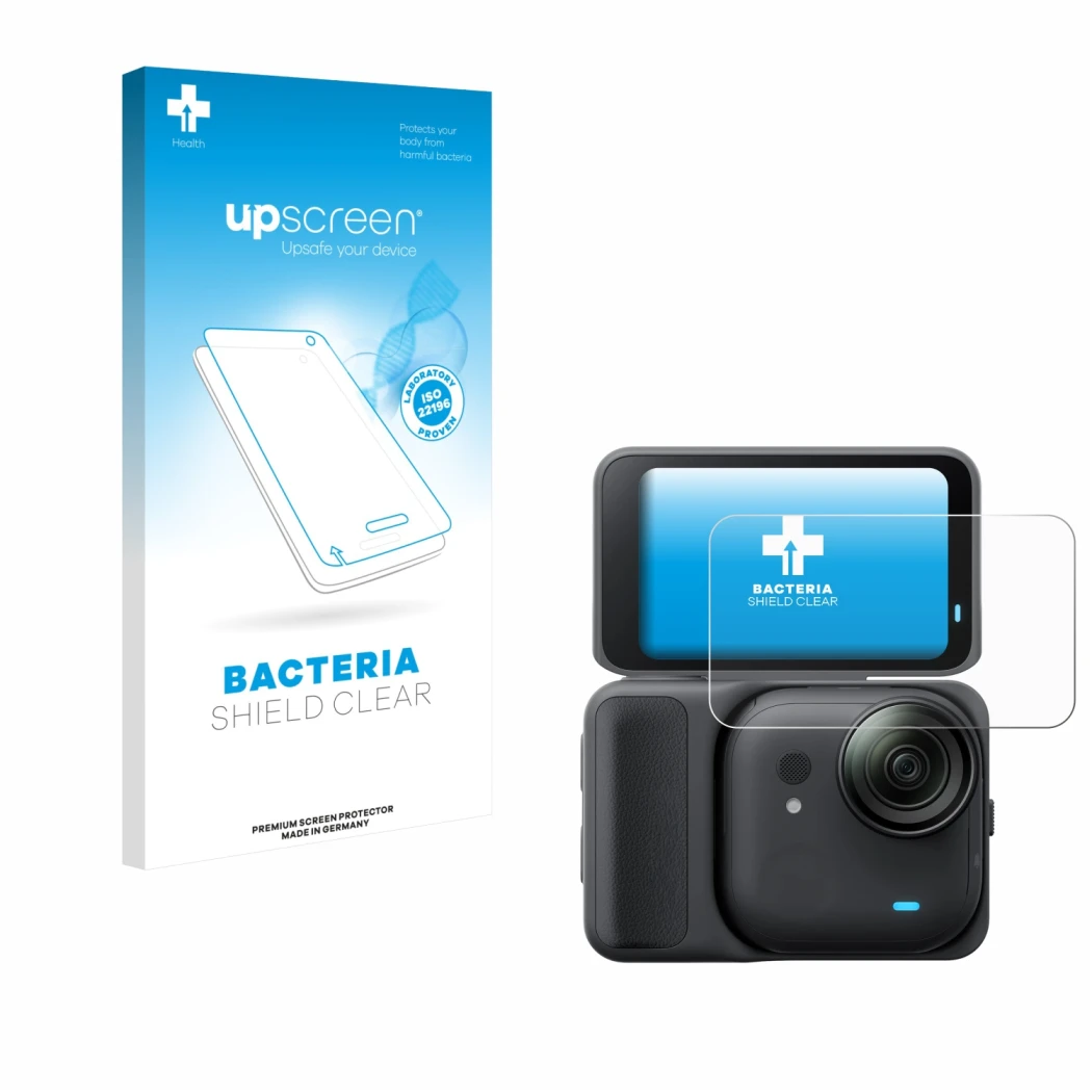 Parte frontale di una confezione del prodotto con il logo del marchio upscreen. Accanto è raffigurato il dispositivo Insta360 