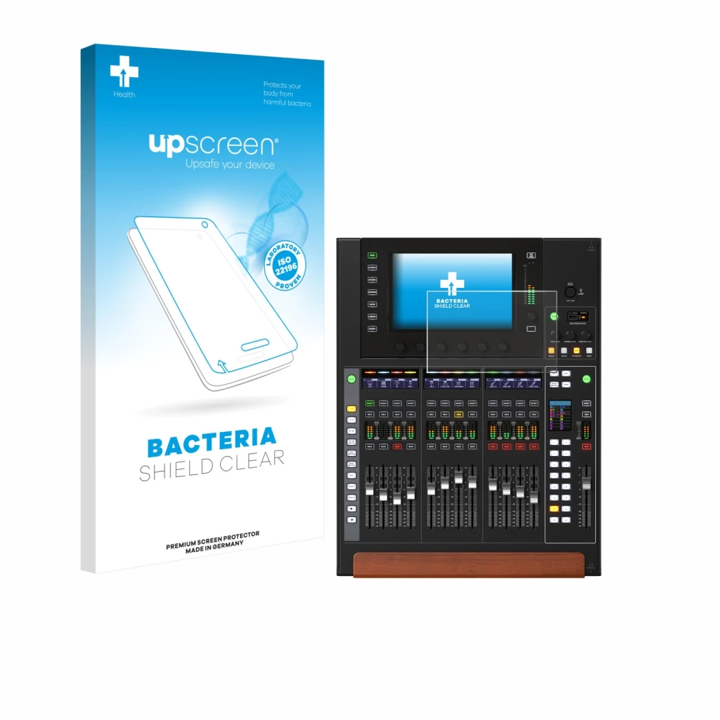 Parte frontale di una confezione del prodotto con il logo del marchio upscreen. Accanto è raffigurato il dispositivo Behringer