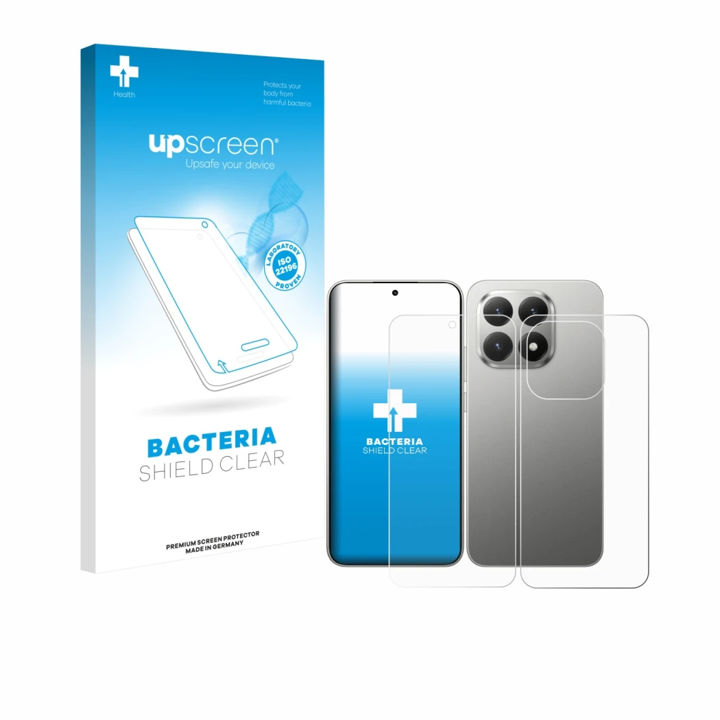 Parte frontale di una confezione del prodotto con il logo del marchio upscreen. Accanto è raffigurato il dispositivo Xiaomi 15