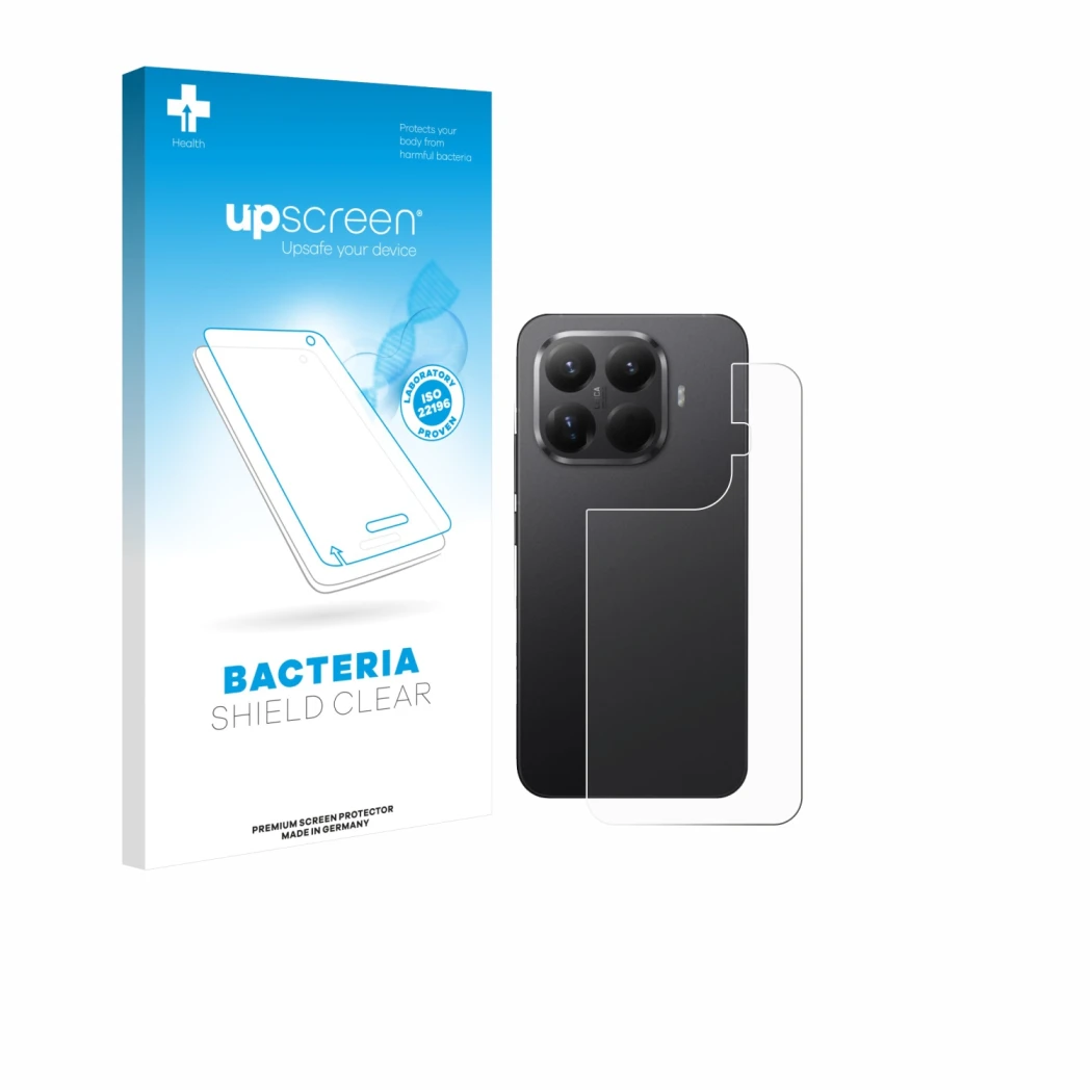 Parte frontale di una confezione del prodotto con il logo del marchio upscreen. Accanto è raffigurato il dispositivo Xiaomi 15