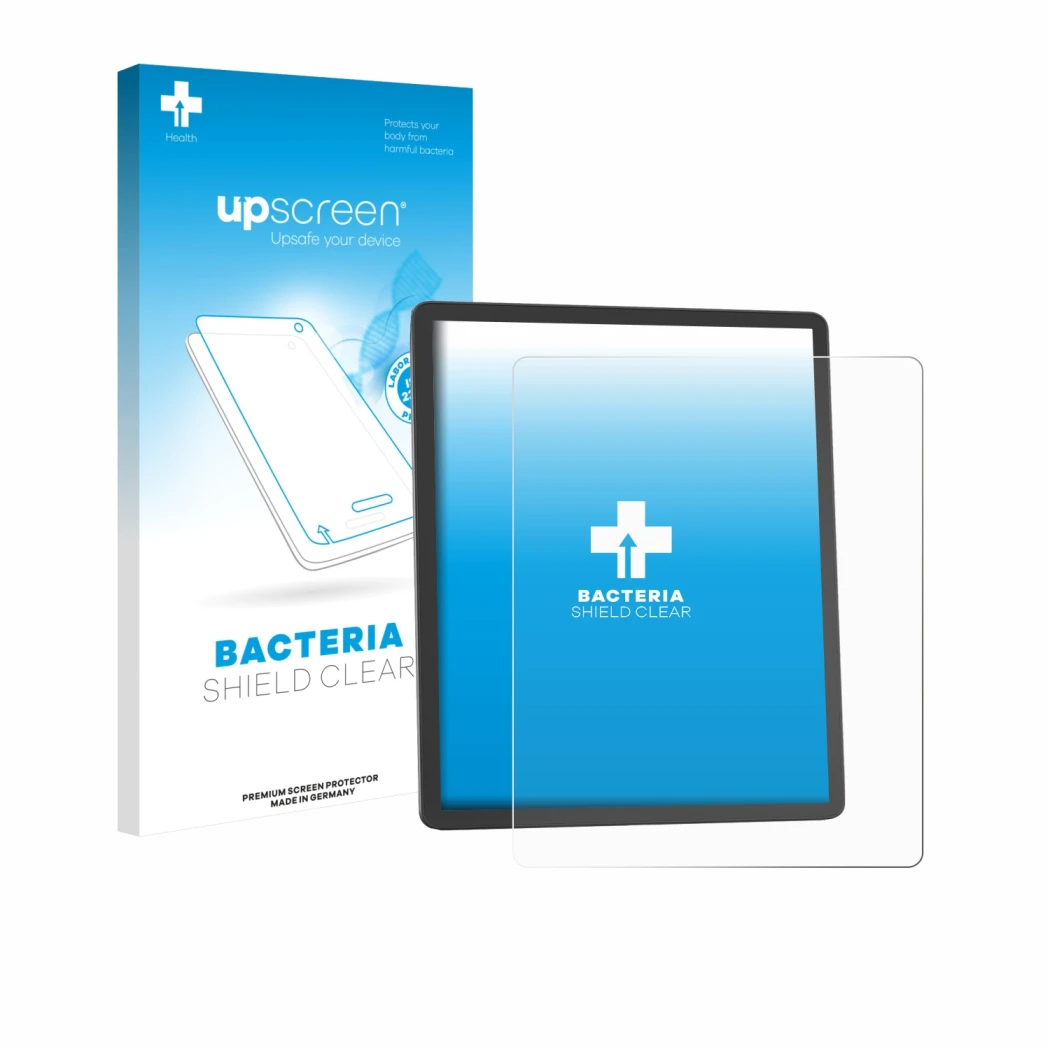 Parte frontale di una confezione del prodotto con il logo del marchio upscreen. Accanto è raffigurato il dispositivo Amazon Ki