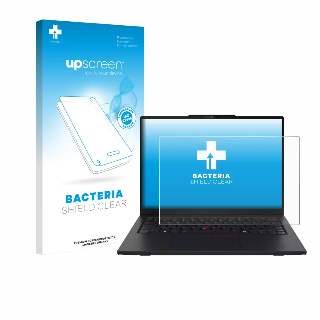 Parte frontale di una confezione del prodotto con il logo del marchio upscreen. Accanto è raffigurato il dispositivo Lenovo Th