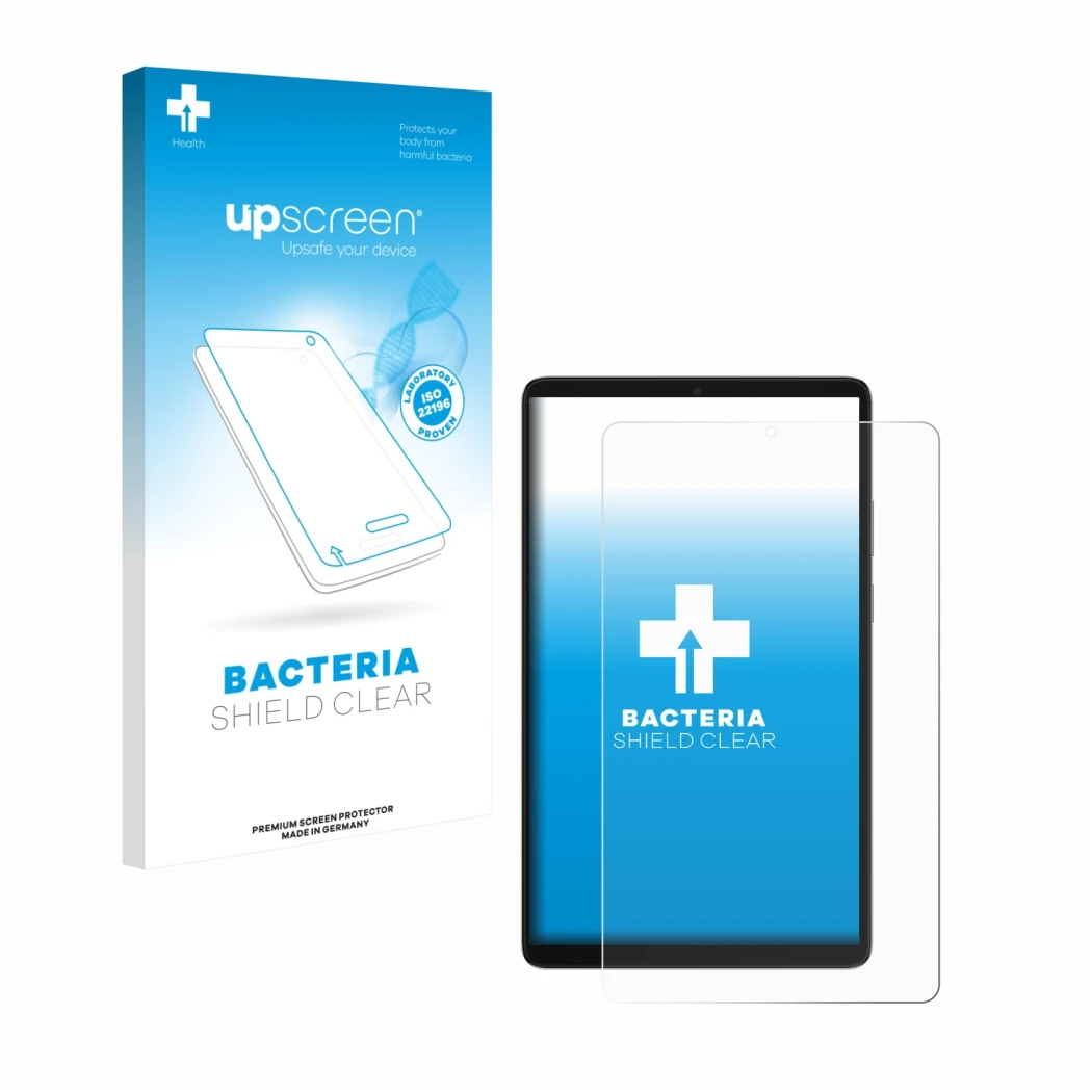 Parte frontale di una confezione del prodotto con il logo del marchio upscreen. Accanto è raffigurato il dispositivo Samsung G