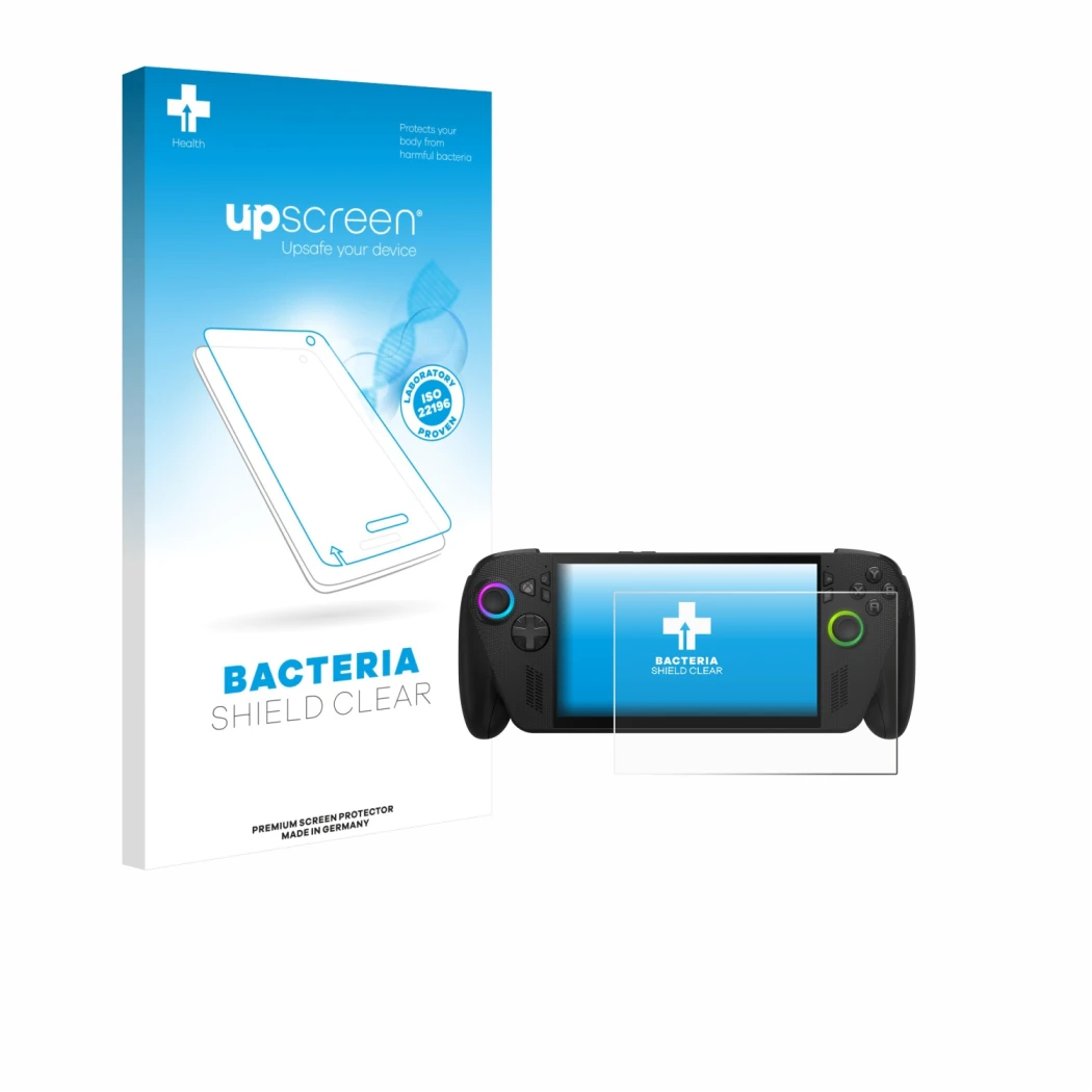 Parte frontale di una confezione del prodotto con il logo del marchio upscreen. Accanto è raffigurato il dispositivo ASUS ROG 