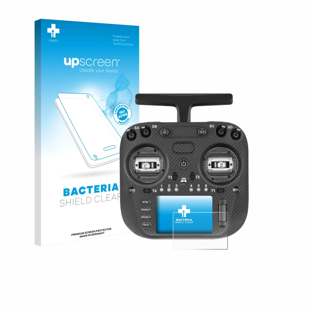 Parte frontale di una confezione del prodotto con il logo del marchio upscreen. Accanto è raffigurato il dispositivo Radiomast