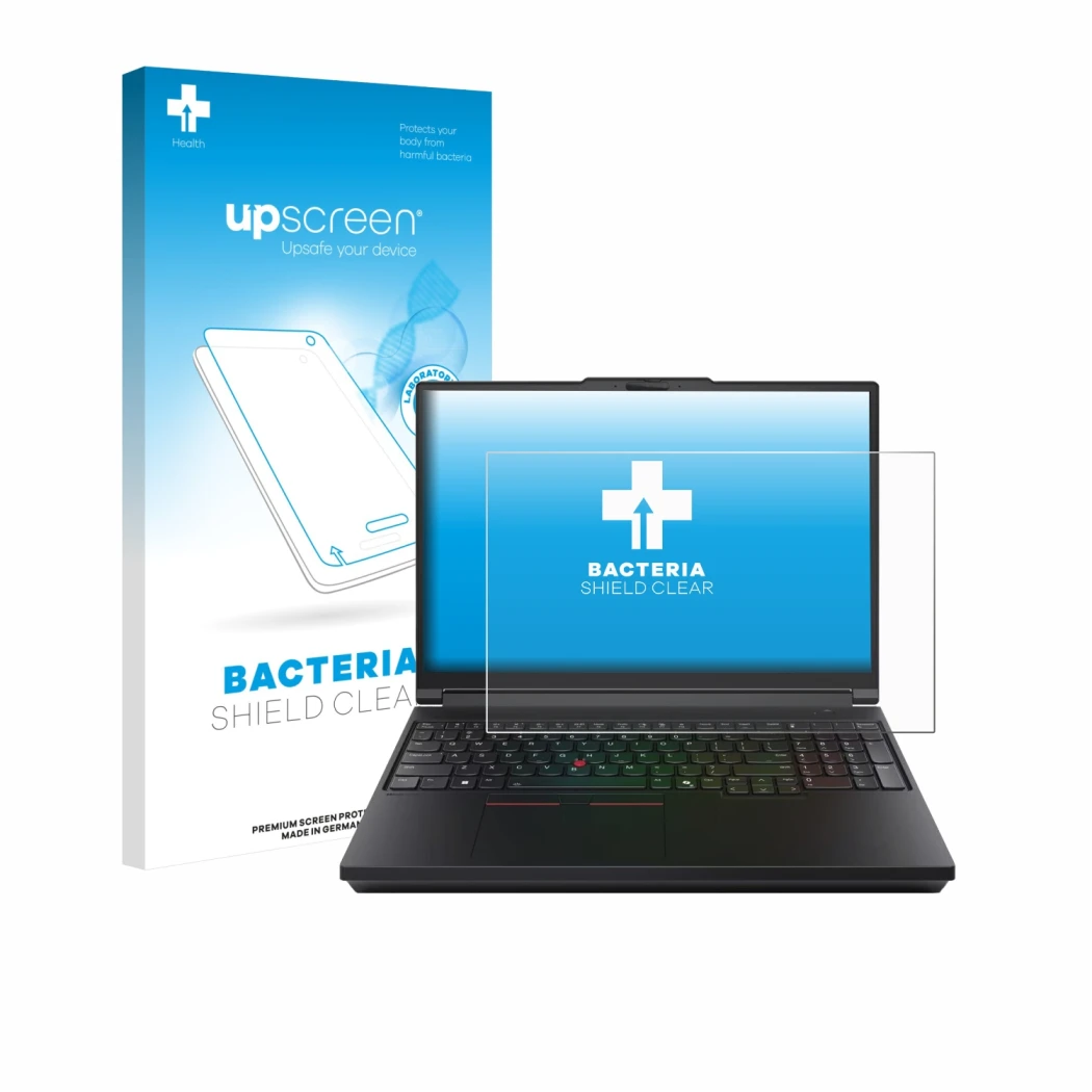 Parte frontale di una confezione del prodotto con il logo del marchio upscreen. Accanto è raffigurato il dispositivo Lenovo Th