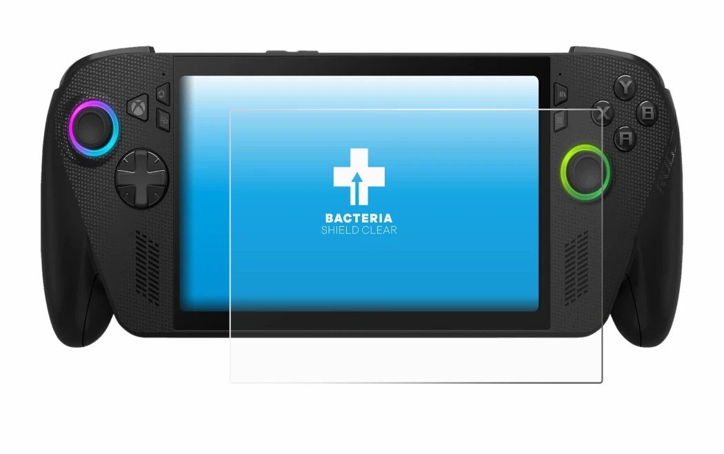 Immagine del dispositivo ASUS ROG Xbox Ally X con un'ampia varietà di protezioni per lo schermo.