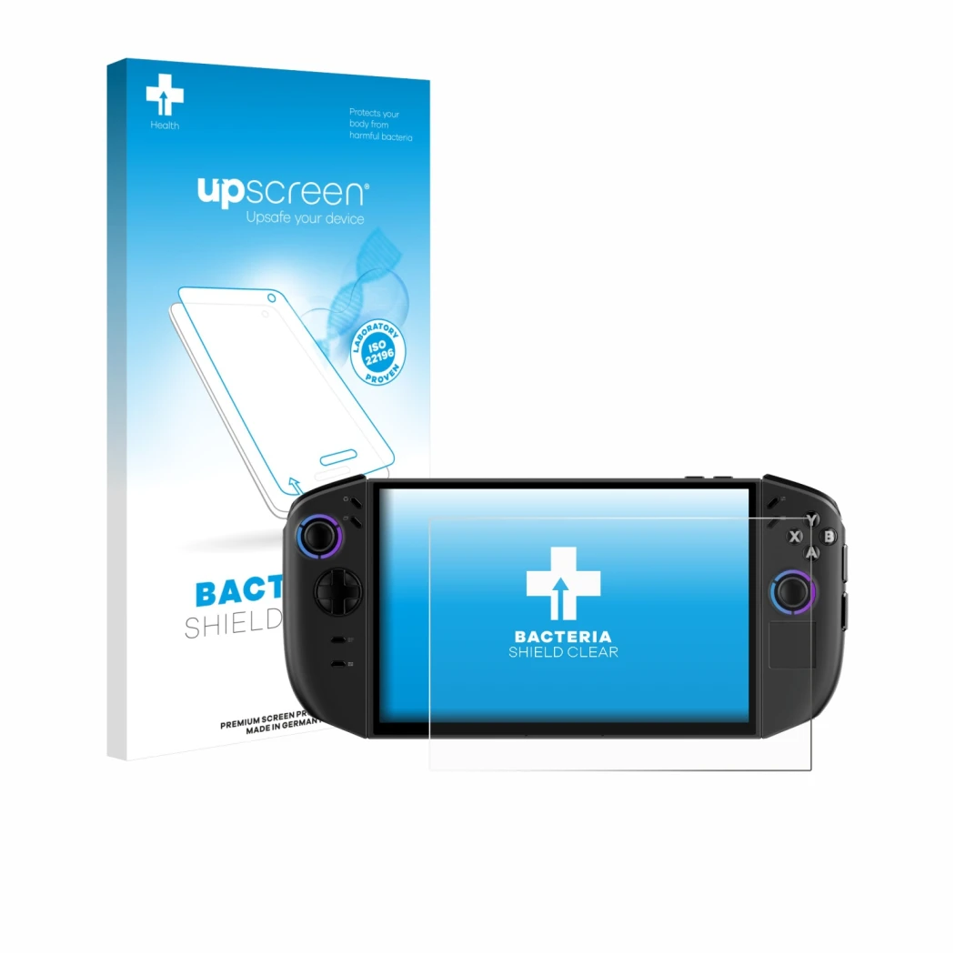 Parte frontale di una confezione del prodotto con il logo del marchio upscreen. Accanto è raffigurato il dispositivo Lenovo Le