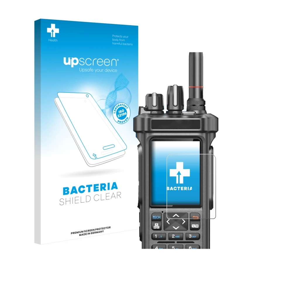 Parte frontale di una confezione del prodotto con il logo del marchio upscreen. Accanto è raffigurato il dispositivo Radtel RT