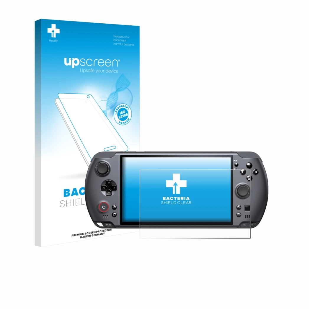 Parte frontale di una confezione del prodotto con il logo del marchio upscreen. Accanto è raffigurato il dispositivo GPD Win 5