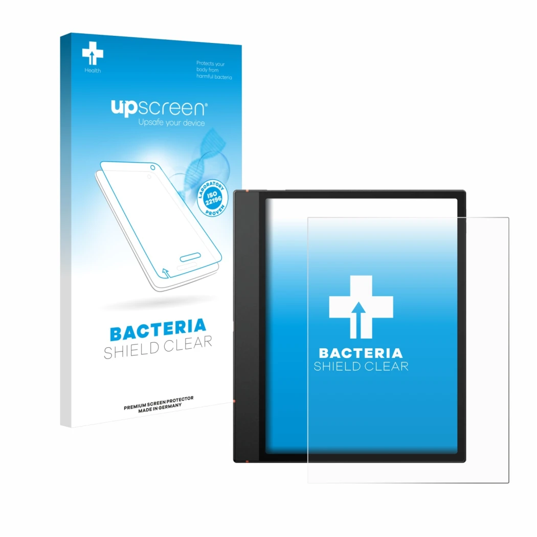 Parte frontale di una confezione del prodotto con il logo del marchio upscreen. Accanto è raffigurato il dispositivo Boox Note