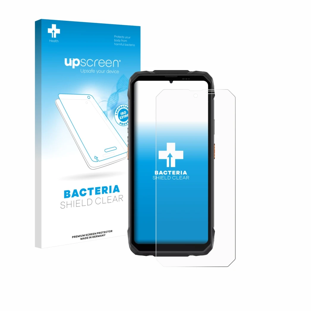 Parte frontale di una confezione del prodotto con il logo del marchio upscreen. Accanto è raffigurato il dispositivo Blackview