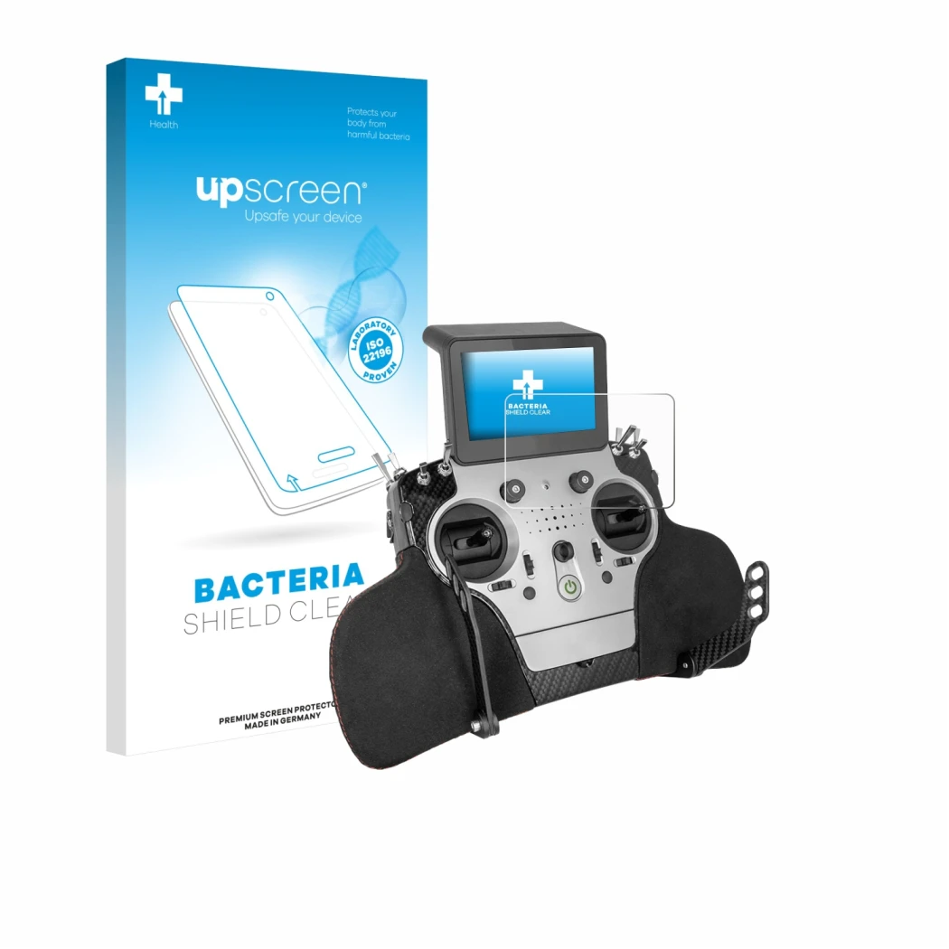 Parte frontale di una confezione del prodotto con il logo del marchio upscreen. Accanto è raffigurato il dispositivo PowerBox 