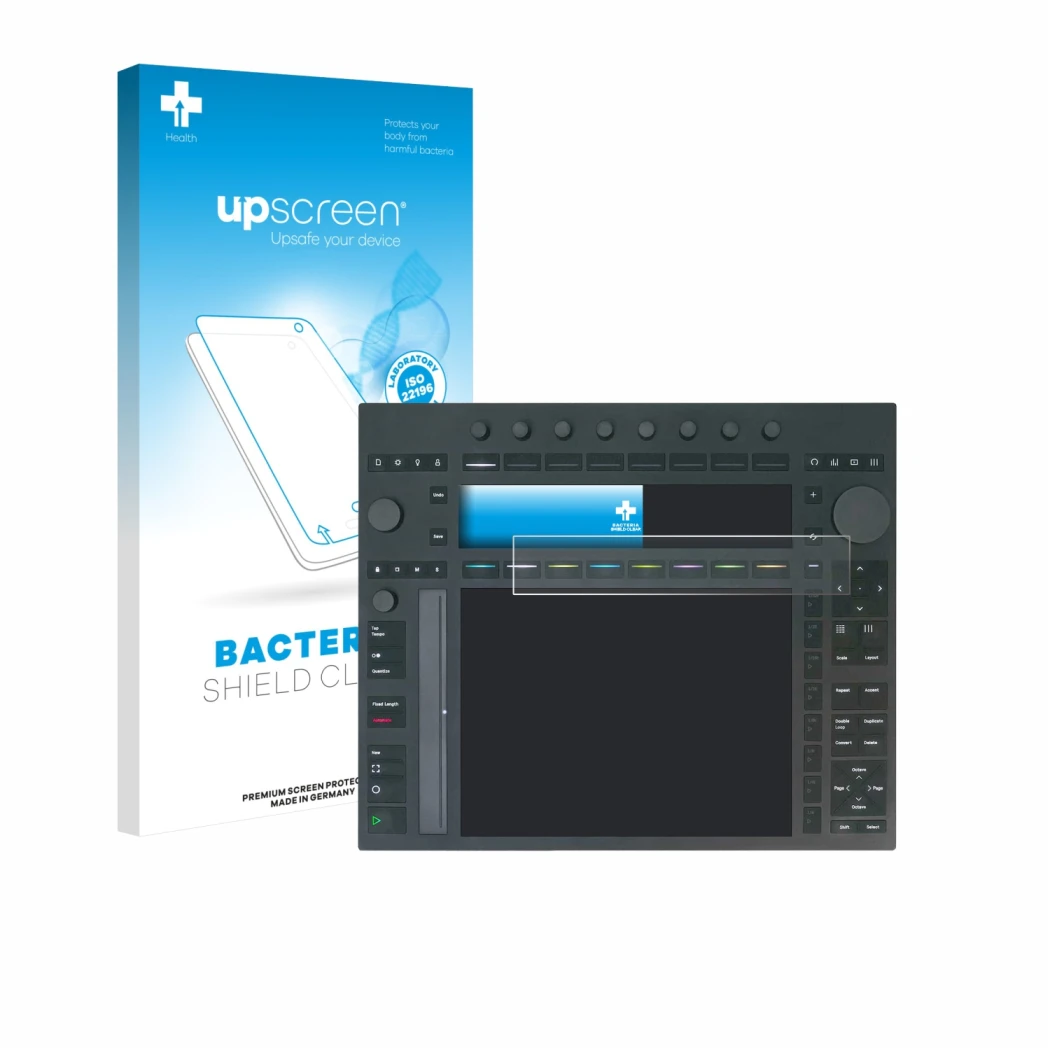 Parte frontale di una confezione del prodotto con il logo del marchio upscreen. Accanto è raffigurato il dispositivo Ableton P