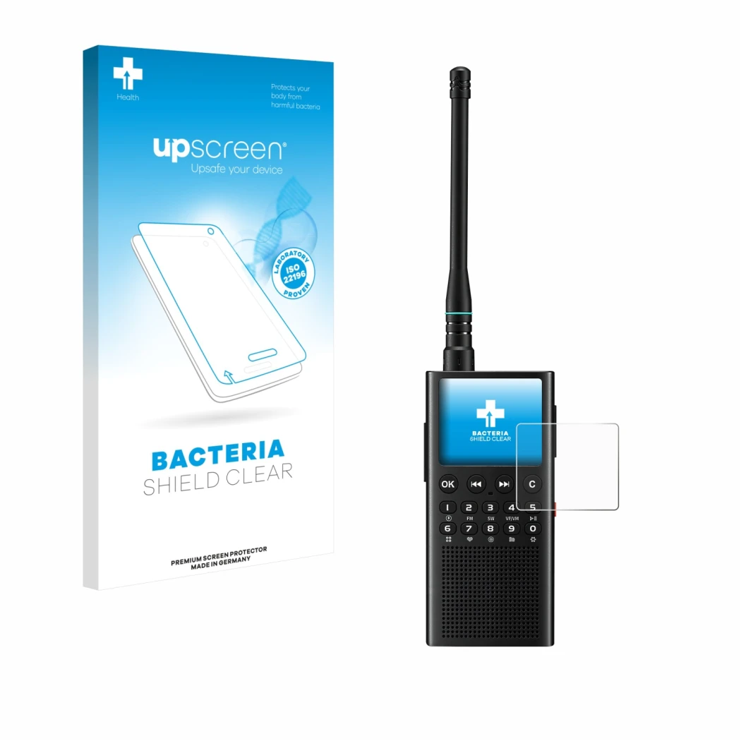 Parte frontale di una confezione del prodotto con il logo del marchio upscreen. Accanto è raffigurato il dispositivo Choyong W