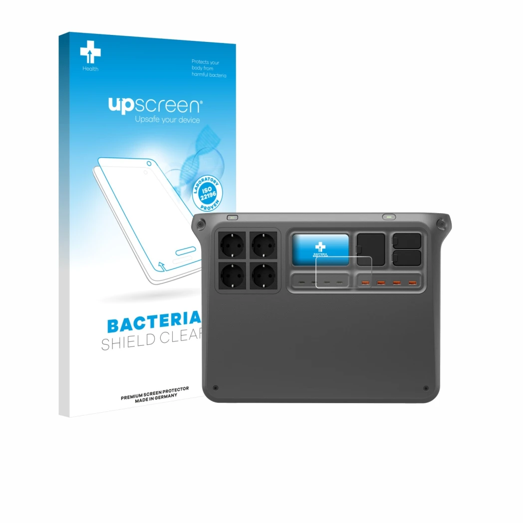 Parte frontale di una confezione del prodotto con il logo del marchio upscreen. Accanto è raffigurato il dispositivo DJI Power