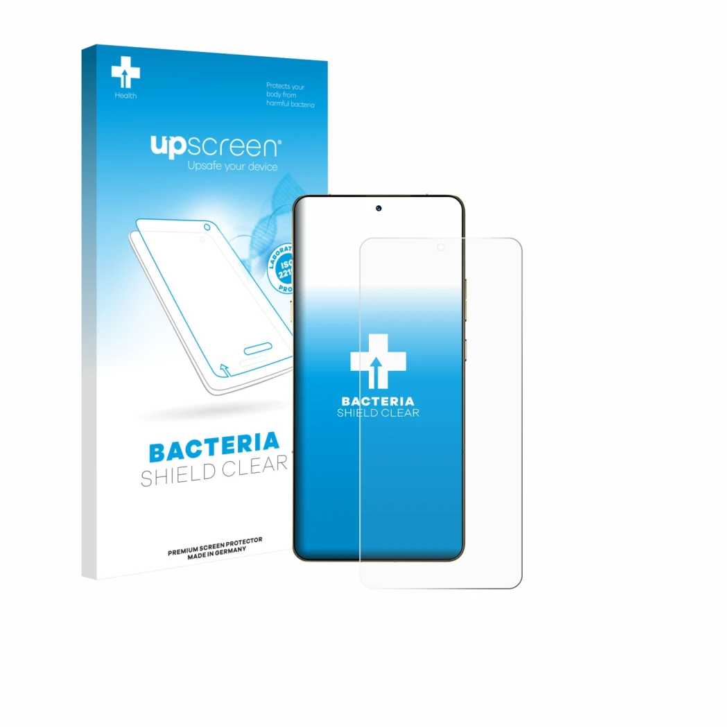 Parte frontale di una confezione del prodotto con il logo del marchio upscreen. Accanto è raffigurato il dispositivo Motorola 